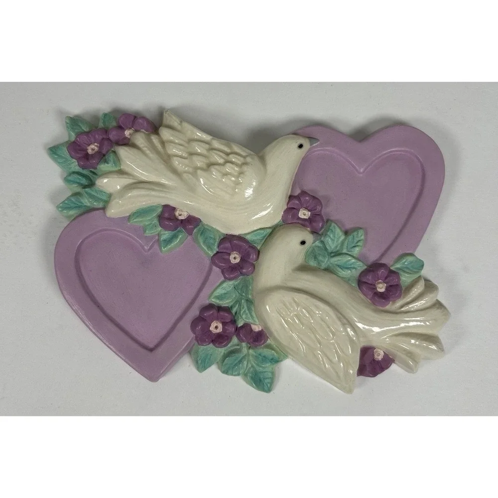 VTG Ceramic Pottery Hand Painted Love Birds Hearts Wall Plaque Purple 6